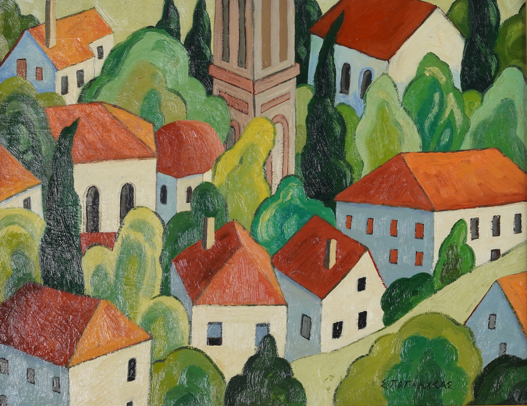 Attributed to Spyros Papaloukas, Greek 1892-1957, Townscape with red roofed buildings and trees around a tower